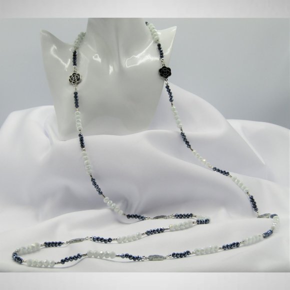 Long or Short White & Gunmetal Beaded Jewelry Set - Picture 3 of 6